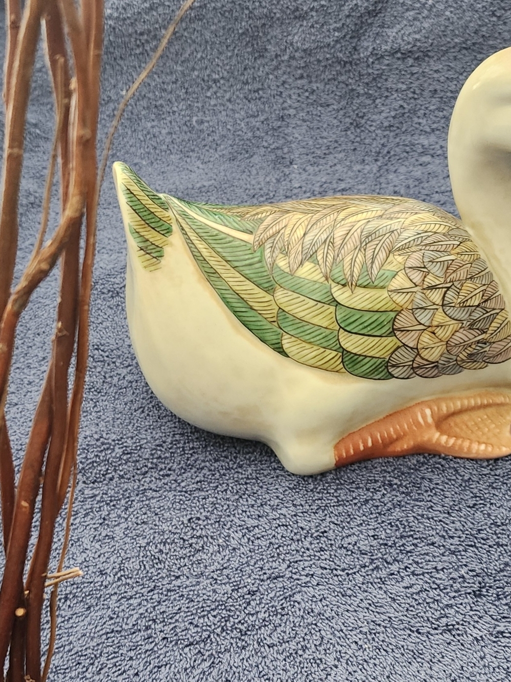 Hand Crafted Ceramic Duck Figurine in Cream, Green and Gold